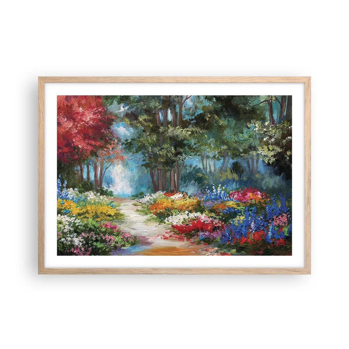 Poster in einem Rahmen aus heller Eiche - Waldgarten, Blumenwald - 70x50 cm