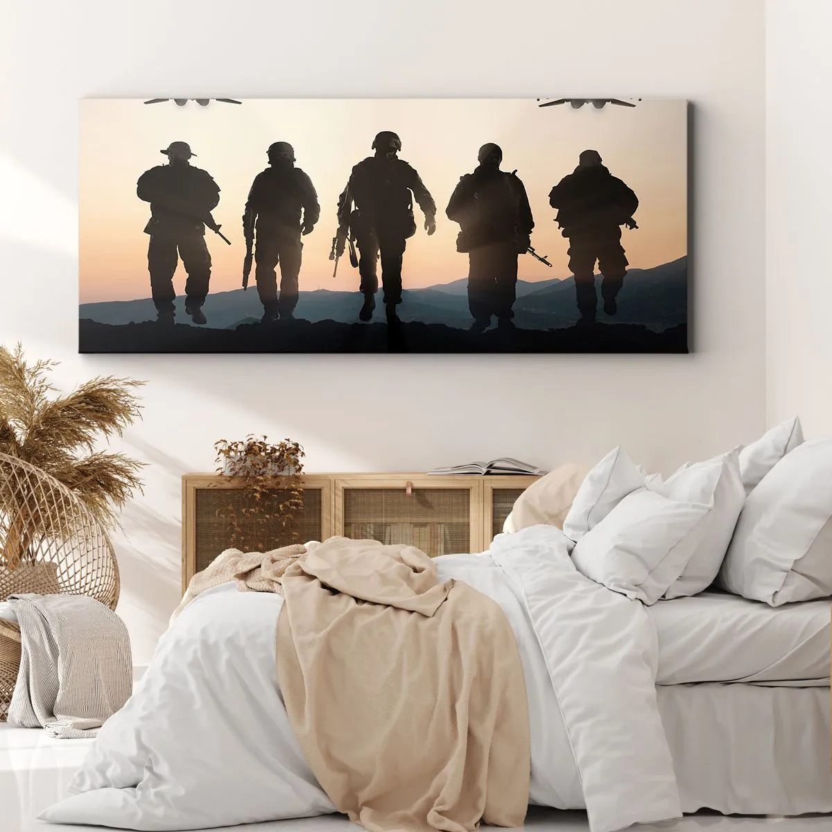 Bild auf Leinwand - Leinwandbild - Silhouetten von Soldaten und Kampfjets vor dem Hintergrund des Sonnenuntergangs - 140x50cm - Willkommen in unserer Welt - Moderne Wanddekoration für Wohnzimmer und Schlafzimmer ARTTOR