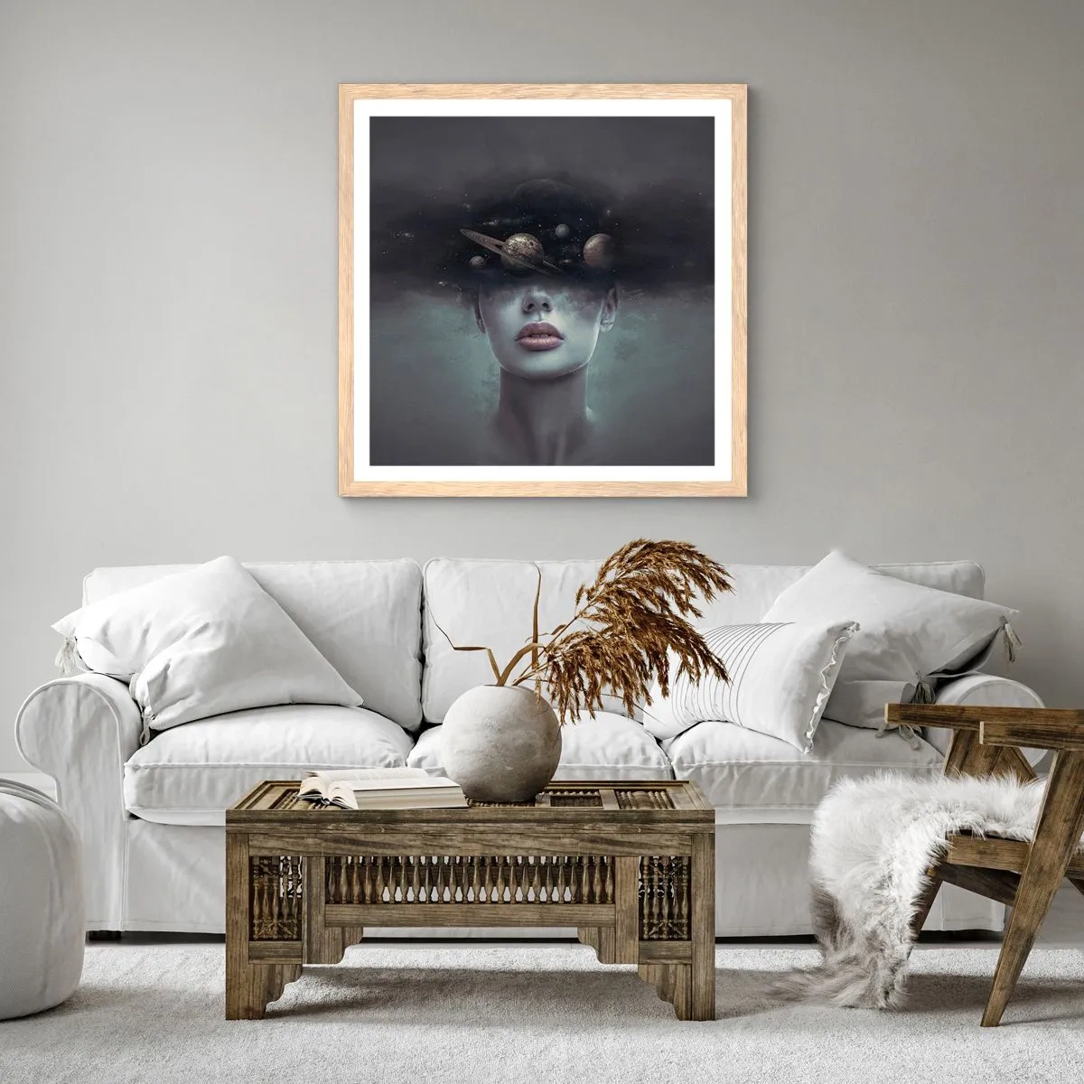 Poster in einem Rahmen aus heller Eiche - Und die Planeten spielen verrückt ... - 60x60 cm