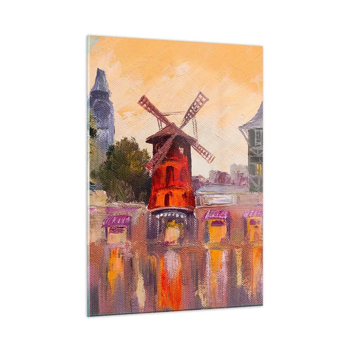 Glasbild - Bild auf glas - Die rote Windmühle des Moulin Rouge zwischen Pariser Mietshäusern - 50x70cm - Pariser Ikonen – Moulin Rouge - Moderne Wanddekoration für Wohnzimmer und Schlafzimmer ARTTOR
