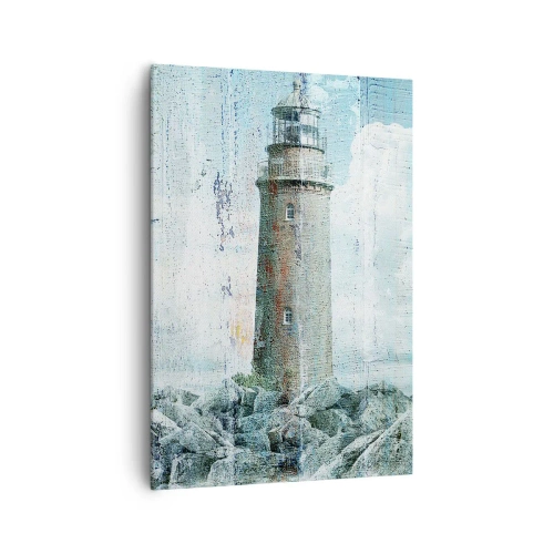 Bild auf Leinwand - Leinwandbild - Ein Leuchtturm an einer felsigen Küste in Pastellfarben - 70x100cm - Auf altem Holz - Moderne Wanddekoration für Wohnzimmer und Schlafzimmer ARTTOR