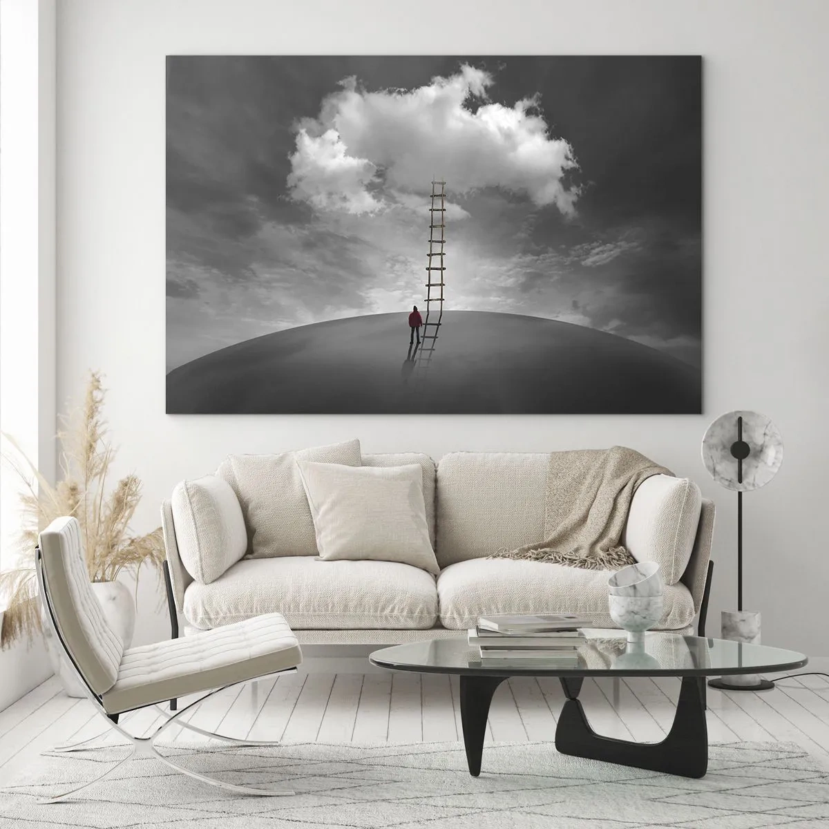 Glasbild - Bild auf glas - Eine Person betrachtet eine Leiter, die zu einer Wolke führt. - 100x70cm - Alles ist möglich - Moderne Wanddekoration für Wohnzimmer und Schlafzimmer ARTTOR