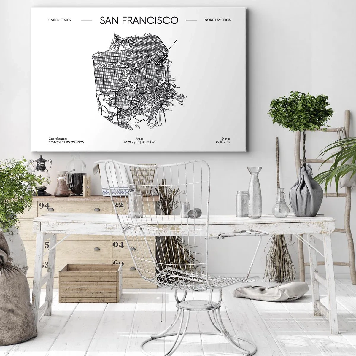 Bild auf Leinwand - Leinwandbild - Eine Karte von San Francisco im minimalistischen Schwarz-Weiß-Stil. - 70x50cm - Anatomie von San Francisco - Moderne Wanddekoration für Wohnzimmer und Schlafzimmer ARTTOR