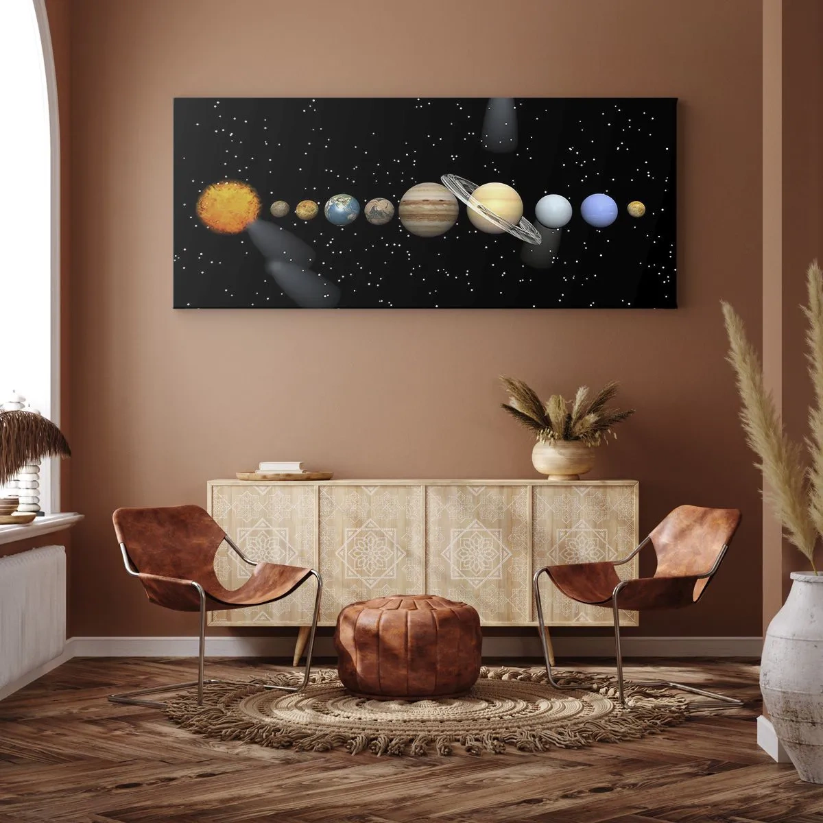 Bild auf Leinwand - Leinwandbild - Das Sonnensystem mit Planeten vor dem Hintergrund der Sterne im Weltraum - 120x50cm - Und die Planeten werden verrückt und toben ... - Moderne Wanddekoration für Wohnzimmer und Schlafzimmer ARTTOR
