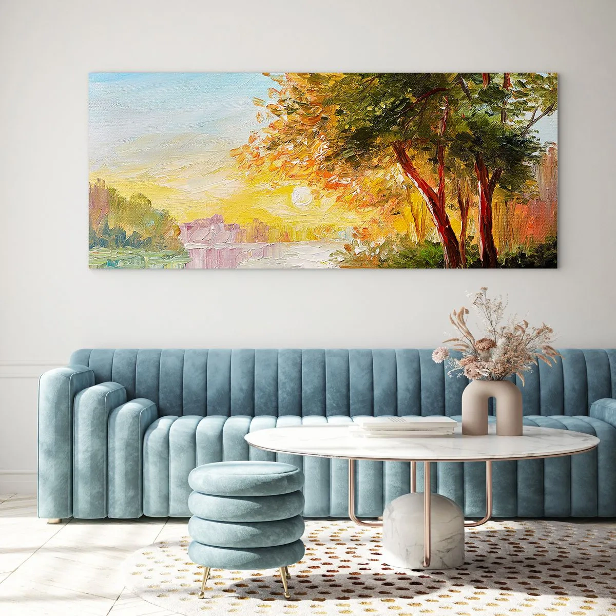 Glasbild - Bild auf glas - Eine malerische Landschaft mit einem Fluss und Bäumen bei Sonnenuntergang - 120x50cm - Et in Arcadia ego - Moderne Wanddekoration für Wohnzimmer und Schlafzimmer ARTTOR