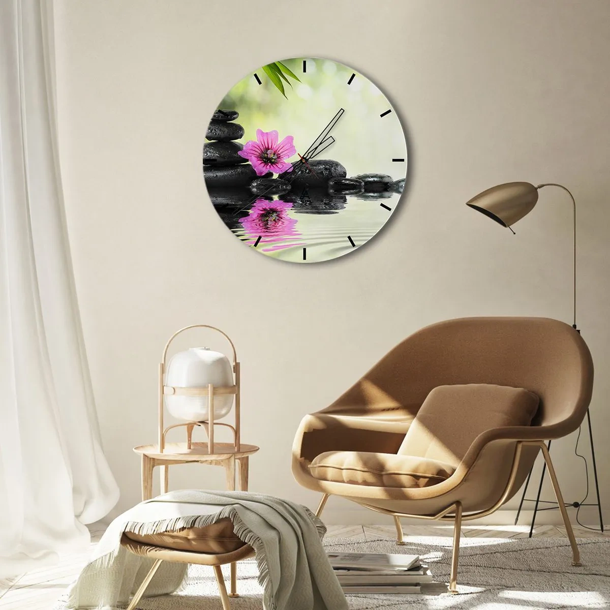 Wanduhr - Glasuhr - Zen-Steine mit einer rosa Blume vor einem natürlichen Hintergrund - 30x30cm - Zeit für die Seele - Moderne Wanddekoration für Wohnzimmer, Küche und Schlafzimmer ARTTOR