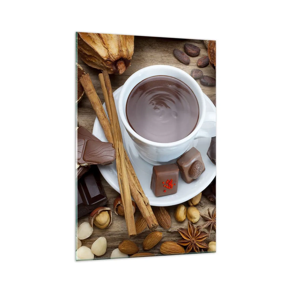 Glasbild - Bild auf glas - Eine Tasse heiße Schokolade, umgeben von Dessertzutaten - 70x100cm - Aus einer märchenhaften Schokoladenfabrik - Moderne Wanddekoration für Wohnzimmer und Schlafzimmer ARTTOR