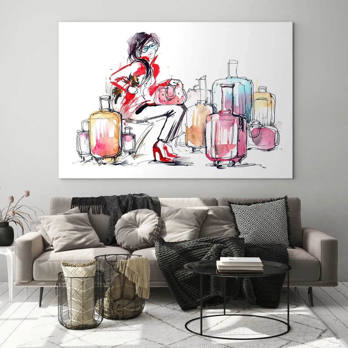 Glasbild - Bild auf glas - Eine Frau in einem roten Mantel, umgeben von Koffern in einem skizzenhaften Stil. - 70x50cm - Setzen wir uns vor der Reise hin - Moderne Wanddekoration für Wohnzimmer und Schlafzimmer ARTTOR