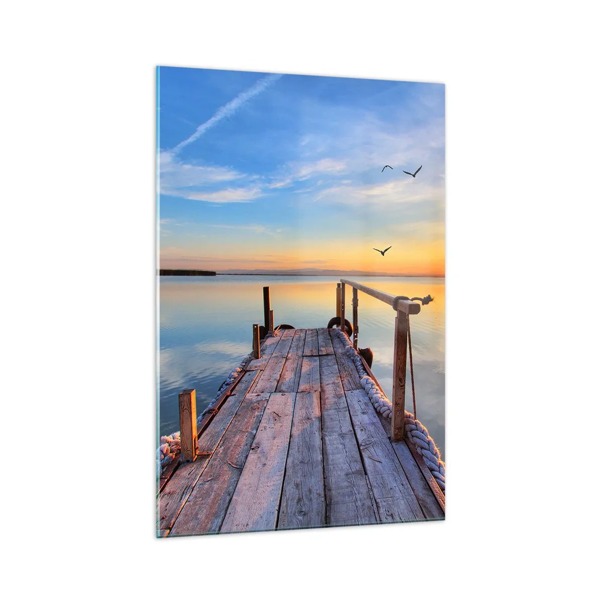 Glasbild - Bild auf glas - Holzsteg bei Sonnenuntergang auf einem ruhigen See - 70x100cm - Lauf direkt der Sonne entgegen - Moderne Wanddekoration für Wohnzimmer und Schlafzimmer ARTTOR