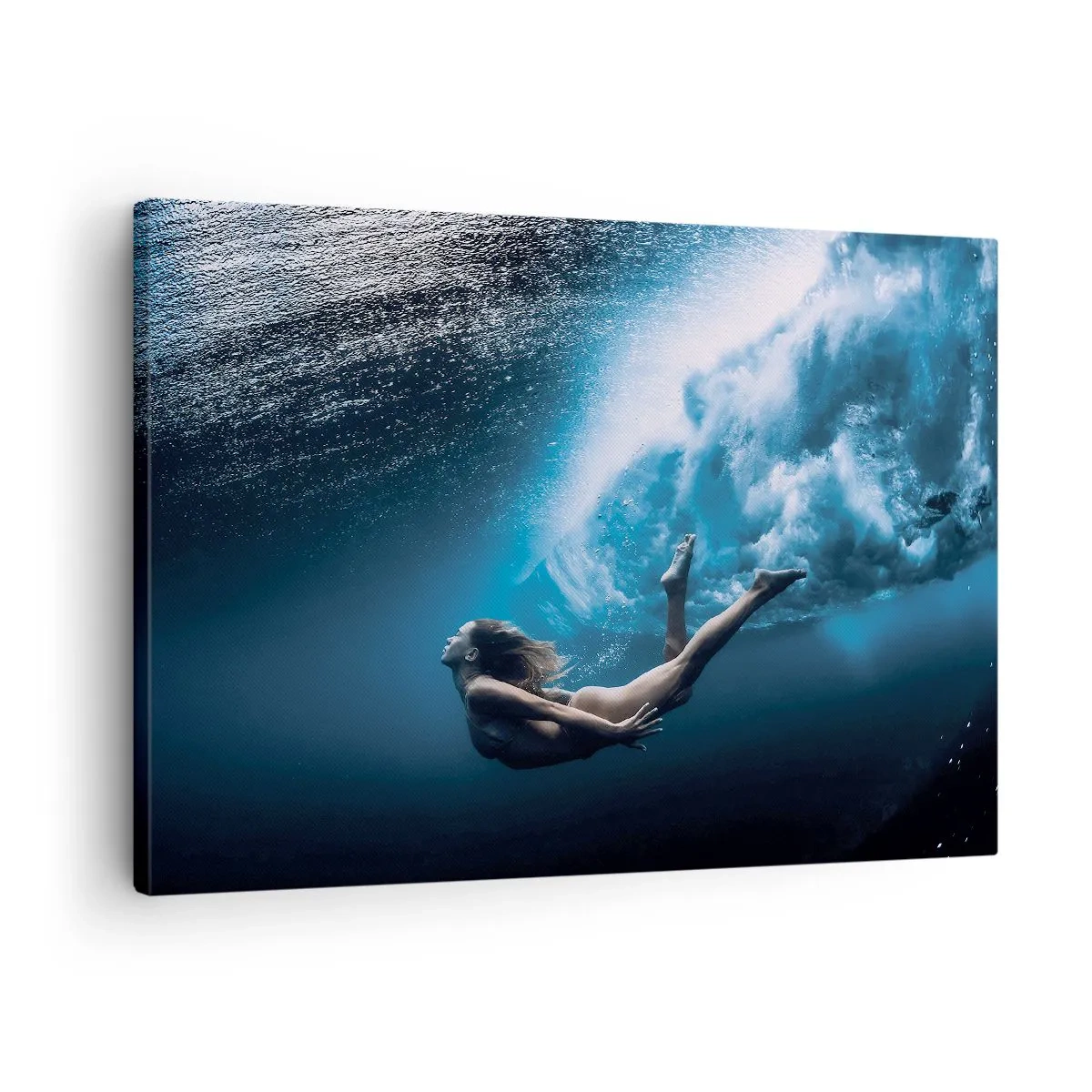 Bild auf Leinwand - Leinwandbild - Unterwasseraufnahme mit einer Frau und Luftblasen - 70x50cm - Moderne Meerjungfrau - Moderne Wanddekoration für Wohnzimmer und Schlafzimmer ARTTOR