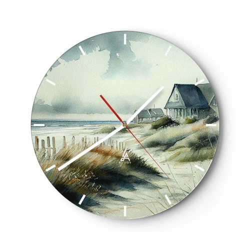 Wanduhr - Glasuhr - Dünenhäuser im Aquarellstil an einer ruhigen Küste - 30x30cm - Abseits vom Trubel - Moderne Wanddekoration für Wohnzimmer, Küche und Schlafzimmer ARTTOR
