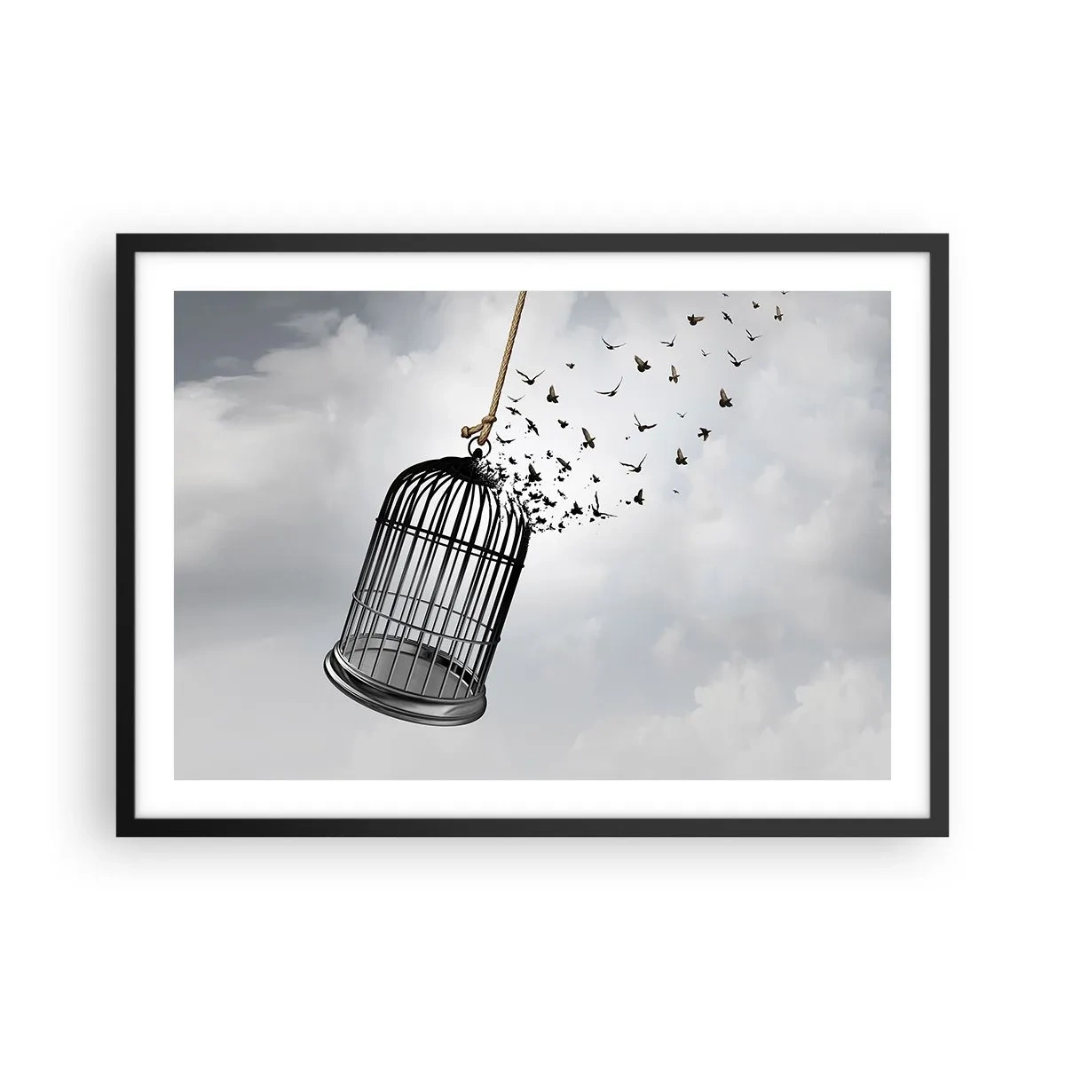 Poster in einem schwarzem Rahmen - Vögel fliegen aus einem Käfig gegen den Himmel - 70x50cm - Glaube ... Hoffnung ... Freiheit! - Moderne Wanddekoration für Wohnzimmer und Schlafzimmer ARTTOR