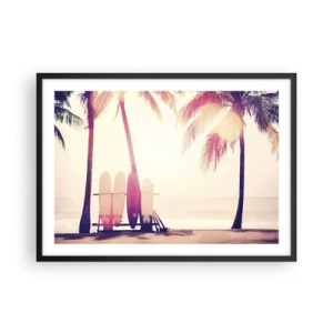 Poster in einem schwarzem Rahmen - Palmen und Surfbretter am Strand im Sonnenschein - 70x50cm - Es wird ein toller Tag - Moderne Wanddekoration für Wohnzimmer und Schlafzimmer ARTTOR