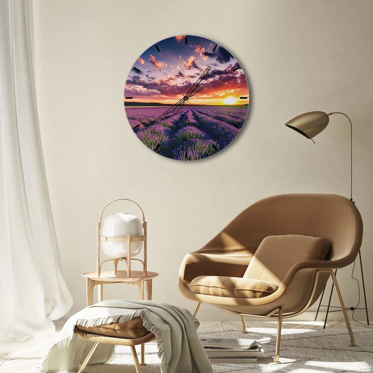 Wanduhr - Glasuhr - Ein Lavendelfeld bei Sonnenuntergang mit malerischem Himmel - 30x30cm - Lavendel Welt - Moderne Wanddekoration für Wohnzimmer, Küche und Schlafzimmer ARTTOR