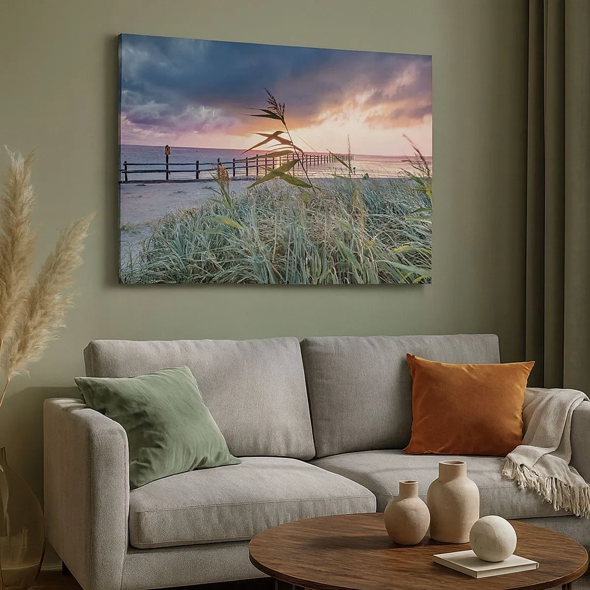 Bild auf Leinwand - Leinwandbild - Strand bei Sonnenuntergang mit Gräsern im Vordergrund - 70x50cm - Es vergeht nicht mit dem Wind - Moderne Wanddekoration für Wohnzimmer und Schlafzimmer ARTTOR