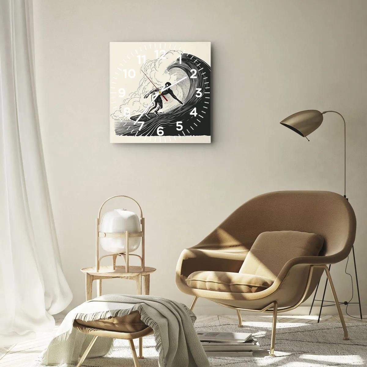 Wanduhr - Glasuhr - Schwarz-Weiß-Grafik eines Surfers, der auf einer Welle reitet - 30x30cm - König der Welle - Moderne Wanddekoration für Wohnzimmer und Schlafzimmer ARTTOR