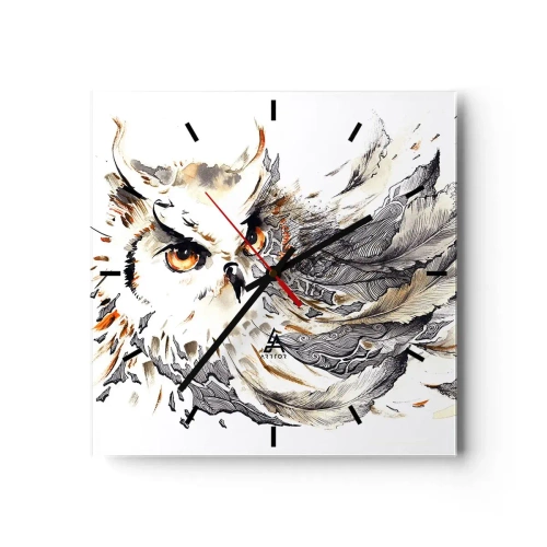 Wanduhr - Glasuhr - Eine Eule mit mystischen Federn in einer künstlerischen Aquarellform - 30x30cm - Sie kam aus der Welt der Magie - Moderne Wanddekoration für Wohnzimmer und Schlafzimmer ARTTOR