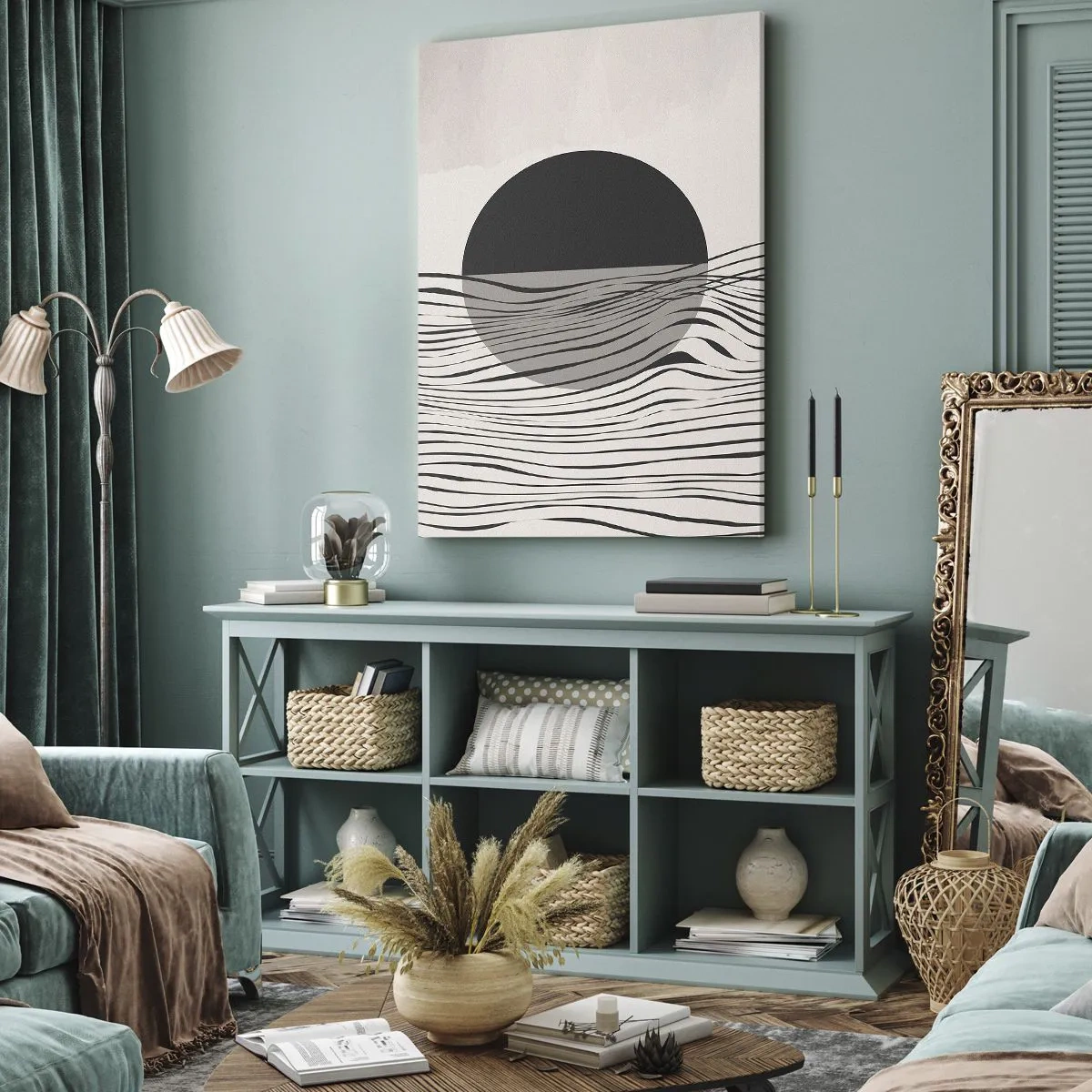 Bild auf Leinwand - Leinwandbild - Abstrakte Linien und geometrische Formen in gedeckten Farben - 50x70cm - Halbe Komposition - Moderne Wanddekoration für Wohnzimmer und Schlafzimmer ARTTOR