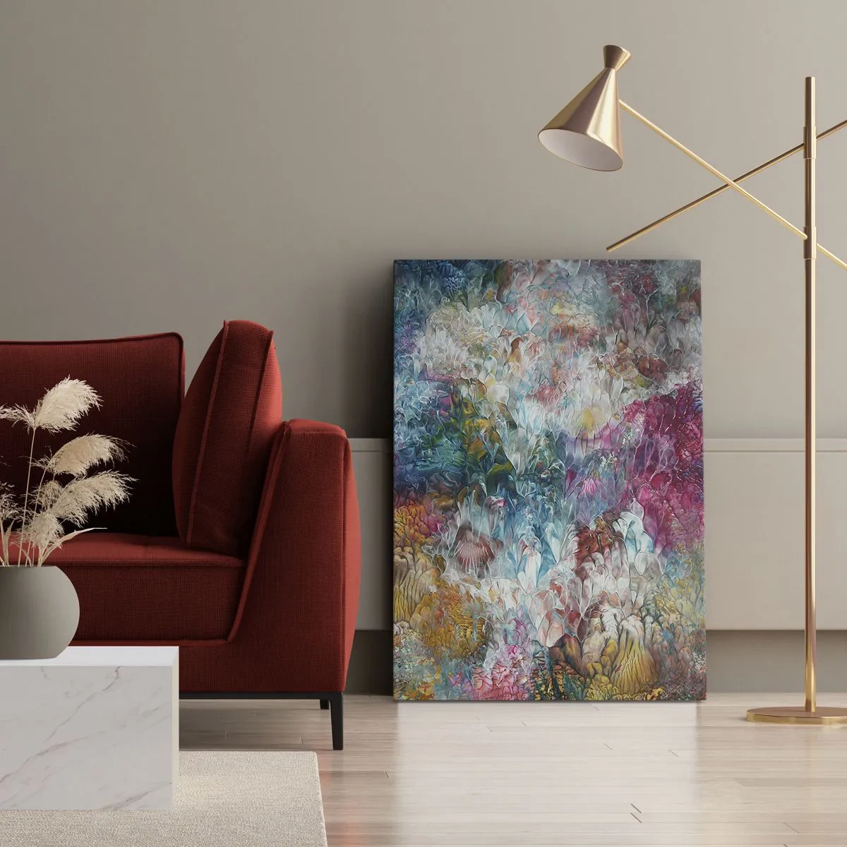 Bild auf Leinwand - Leinwandbild - Eine farbenfrohe Abstraktion, die an blühende Blumen erinnert - 50x70cm - In voller Blüte - Moderne Wanddekoration für Wohnzimmer und Schlafzimmer ARTTOR