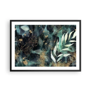 Poster in einem schwarzem Rahmen - Elegante Blätter auf dunklem Hintergrund mit goldenen Akzenten - 70x50cm - Zaubergarten - Moderne Wanddekoration für Wohnzimmer und Schlafzimmer ARTTOR