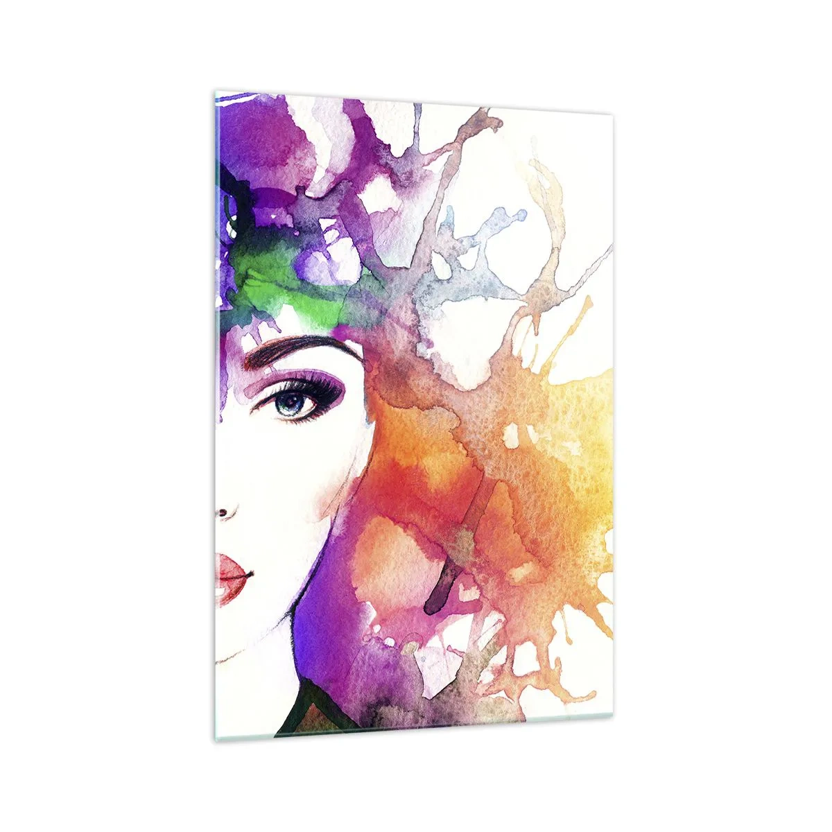Glasbild - Bild auf glas - Porträt einer Frau in Aquarellfarben mit abstrakten Flecken - 70x100cm - Mit dem Kopf in den Wolken - Moderne Wanddekoration für Wohnzimmer und Schlafzimmer ARTTOR