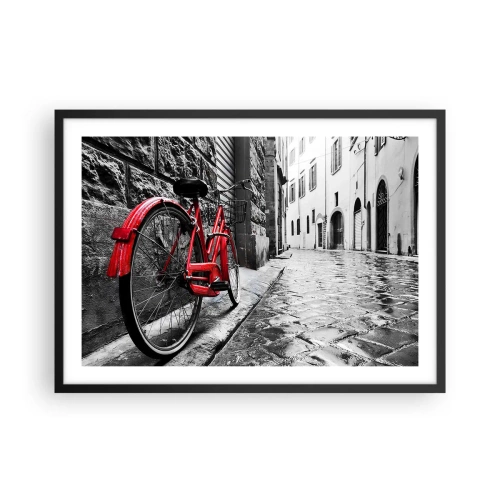 Poster in einem schwarzem Rahmen - Rotes Fahrrad in einer schwarz-weißen Straße - 70x50cm - Wahre Schönheit wird nicht alt - Moderne Wanddekoration für Wohnzimmer und Schlafzimmer ARTTOR