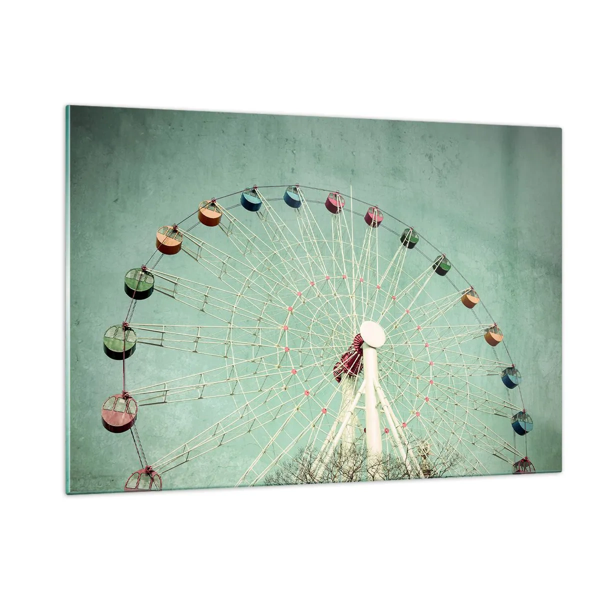 Glasbild - Bild auf glas - Ein buntes Riesenrad vor einem pastellgrünen Hintergrund - 120x80cm - Wir laden zum Spiel ein - Moderne Wanddekoration für Wohnzimmer und Schlafzimmer ARTTOR