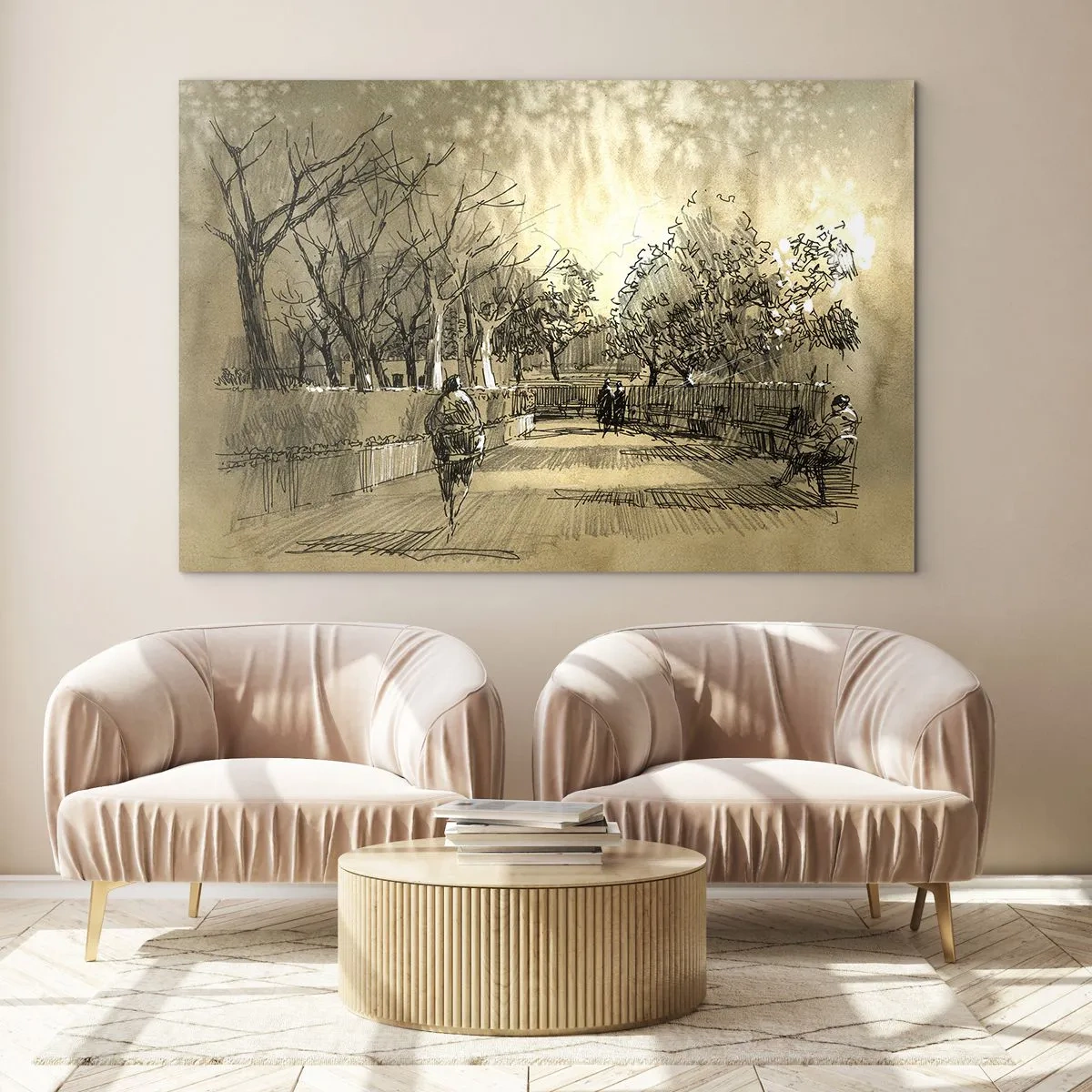 Glasbild - Bild auf glas - Eine Zeichnung eines Parks mit Wegen und Spaziergängern - 70x50cm - Ein Moment mit einer Feder angehalten - Moderne Wanddekoration für Wohnzimmer und Schlafzimmer ARTTOR