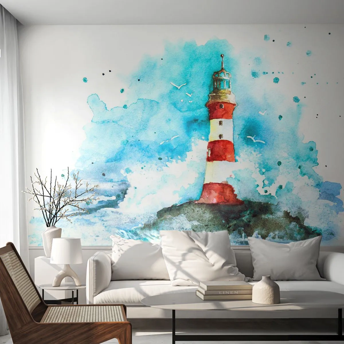 Fototapete Premium Sand - Aquarell-Leuchtturm vor dem Hintergrund von Wellen und Himmel - 100x70cm - Einheit der Elemente - Moderne Wanddekoration für Wohnzimmer und Schlafzimmer ARTTOR