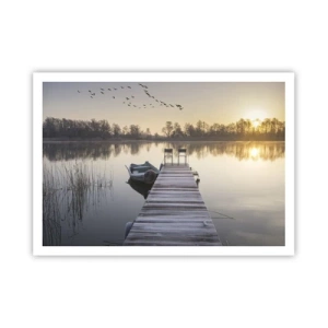 Poster - Ein Pier am Seeufer am Morgen mit einem Boot und Stühlen - 100x70cm - Ich komme nach einiger Zeit zurück - Moderne Wanddekoration für Wohnzimmer und Schlafzimmer ARTTOR