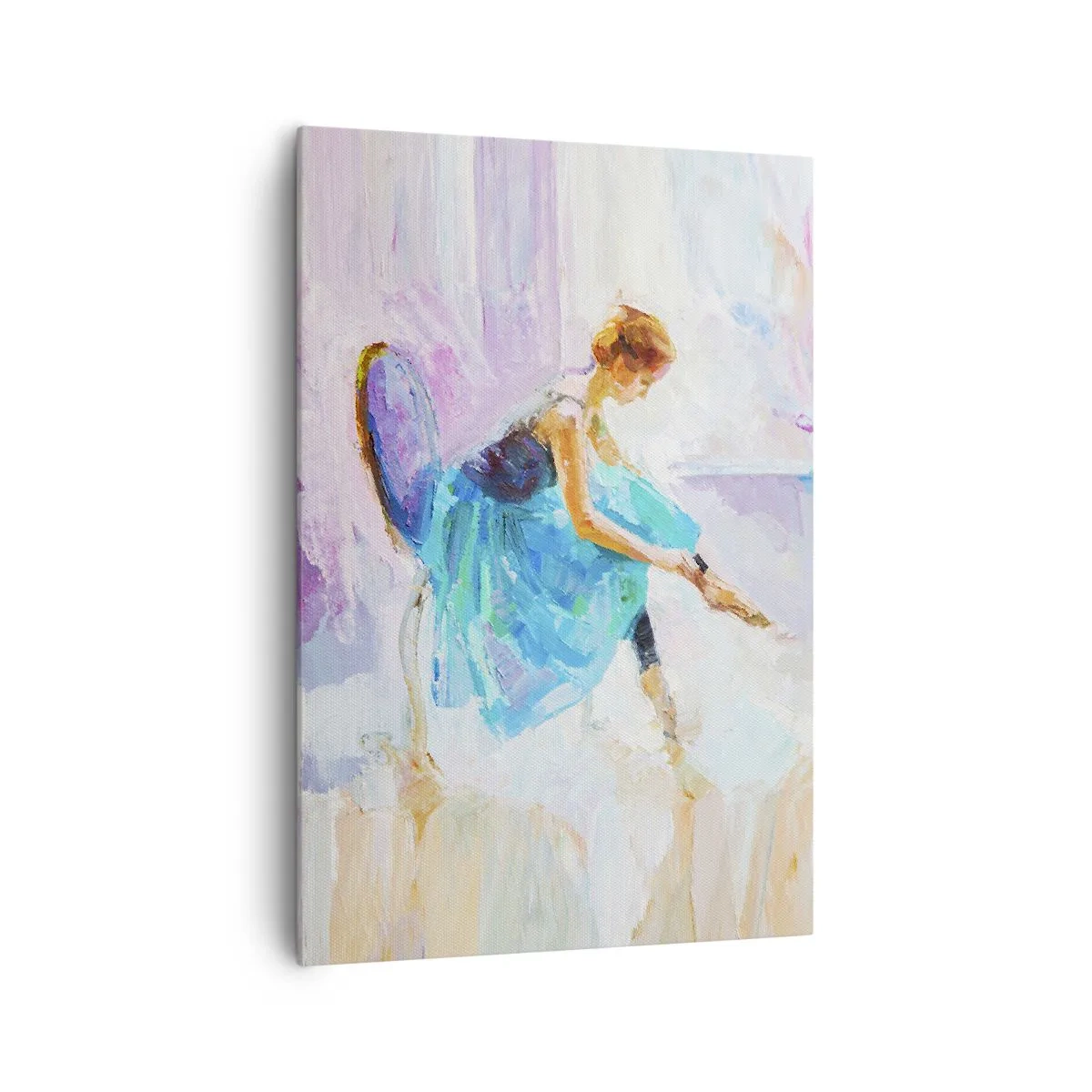 Bild auf Leinwand - Leinwandbild - Eine Ballerina in Pastelltönen bereitet sich auf den Tanz vor. - 70x100cm - Unbeschreibliche Anmut, subtiler Charme - Moderne Wanddekoration für Wohnzimmer und Schlafzimmer ARTTOR