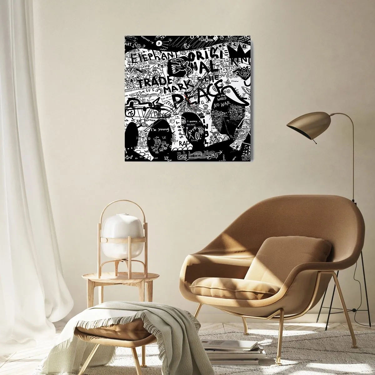 Wanduhr - Glasuhr - Schwarz-Weiß-Grafiken mit Graffiti-Motiven - 30x30cm - Reiche Straßenwelt - Moderne Wanddekoration für Wohnzimmer und Schlafzimmer ARTTOR