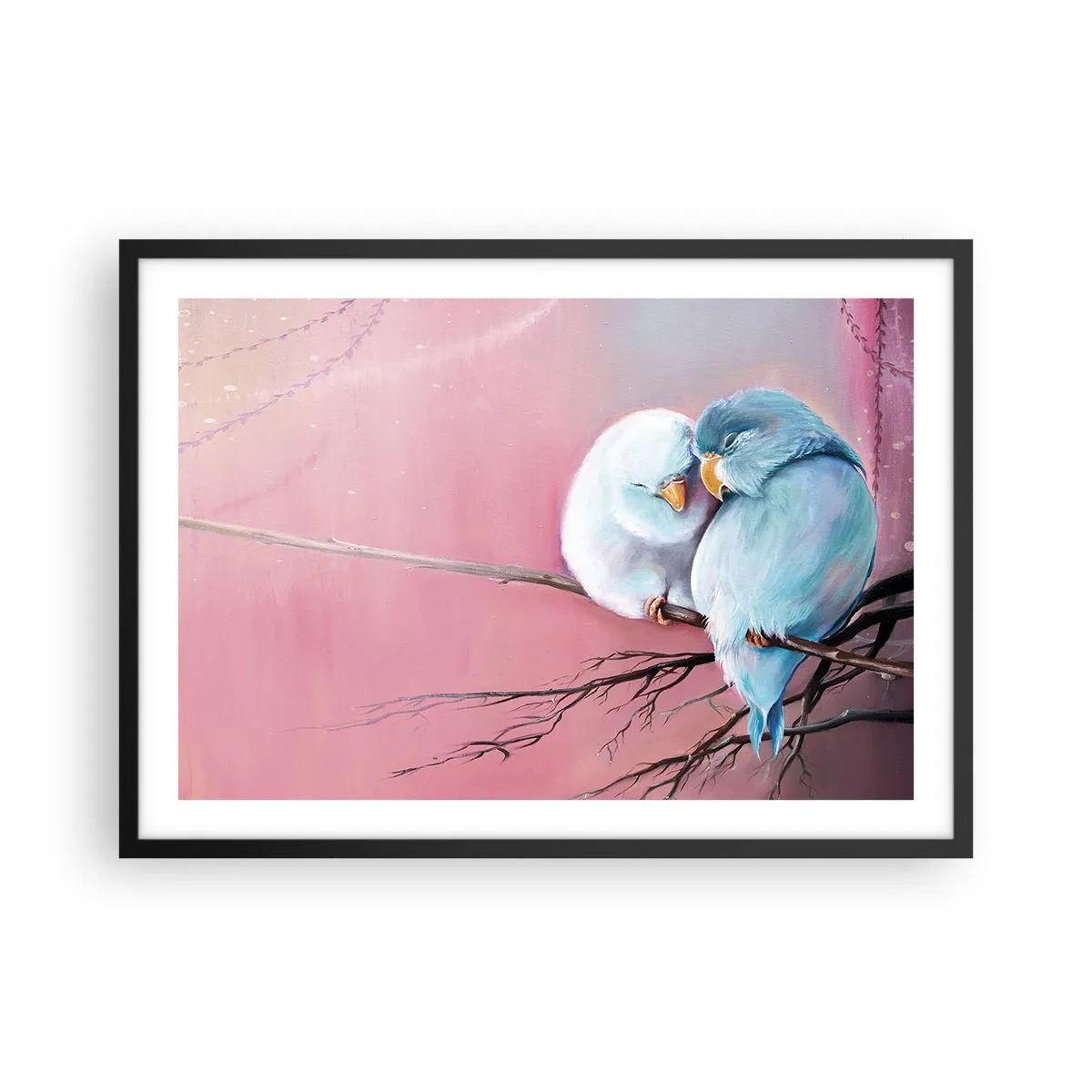 Poster in einem schwarzem Rahmen - Zwei verliebte Vögel auf einem Ast auf rosa Hintergrund - 70x50cm - Was kann ich hier hinzufügen? ... - Moderne Wanddekoration für Wohnzimmer und Schlafzimmer ARTTOR