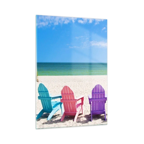 Glasbild - Bild auf glas - Bunte Stühle an einem Sandstrand mit Blick auf das Meer - 50x70cm - Regenbogenstrand - Moderne Wanddekoration für Wohnzimmer und Schlafzimmer ARTTOR