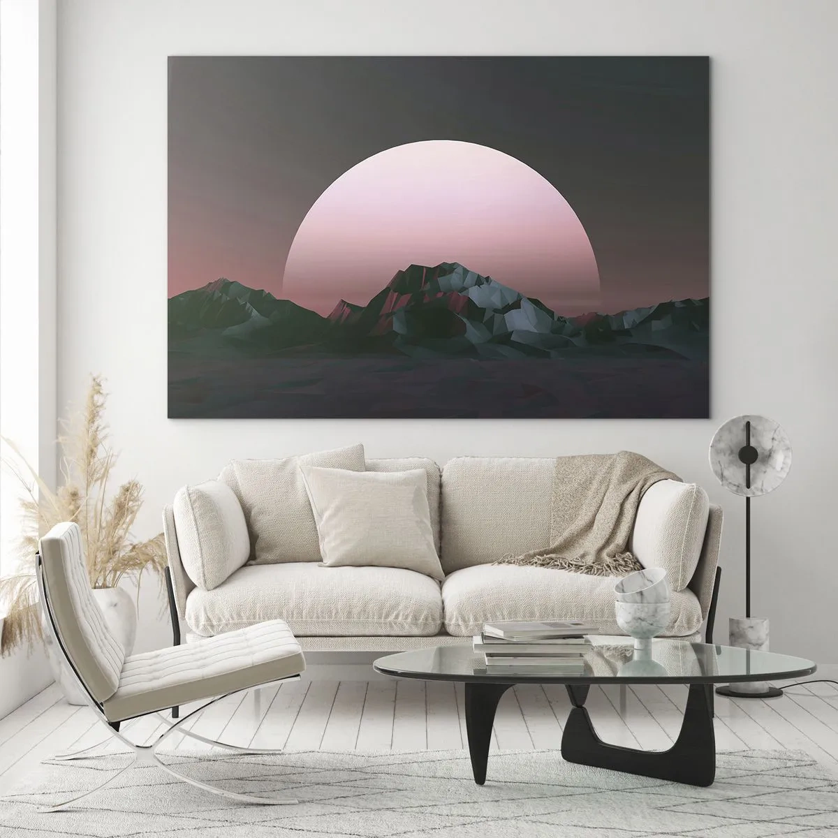 Glasbild - Bild auf glas - Abstrakte Landschaft mit geometrischen Bergen und einer rosa Sonne. - 120x80cm - In einer Nachbargalaxie - Moderne Wanddekoration für Wohnzimmer und Schlafzimmer ARTTOR