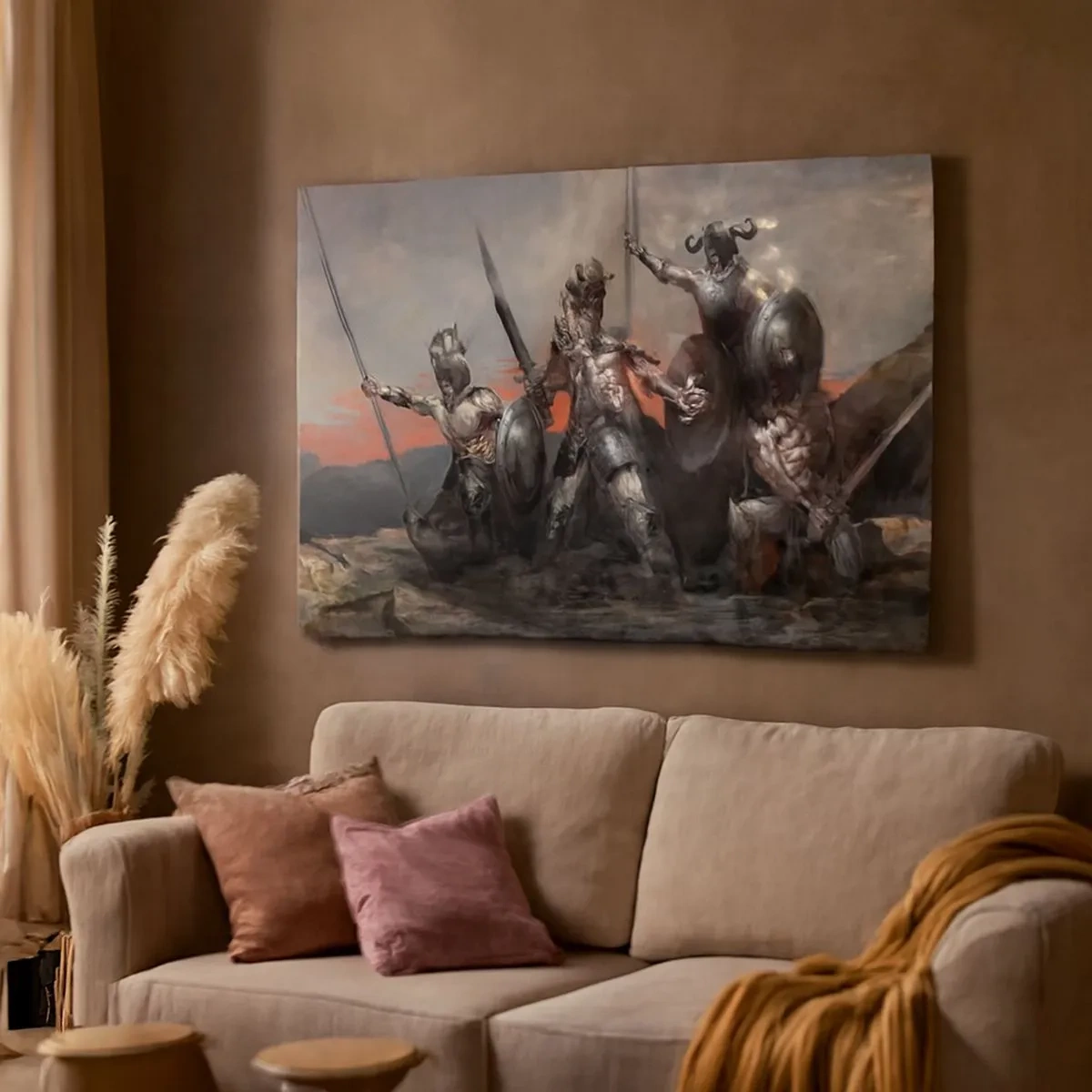 Bild auf Leinwand - Leinwandbild - Eine Gruppe von Kriegern in Rüstung mit Speeren vor dem Hintergrund des Sonnenuntergangs - 70x50cm - Mit oder auf einem Schild - Moderne Wanddekoration für Wohnzimmer und Schlafzimmer ARTTOR