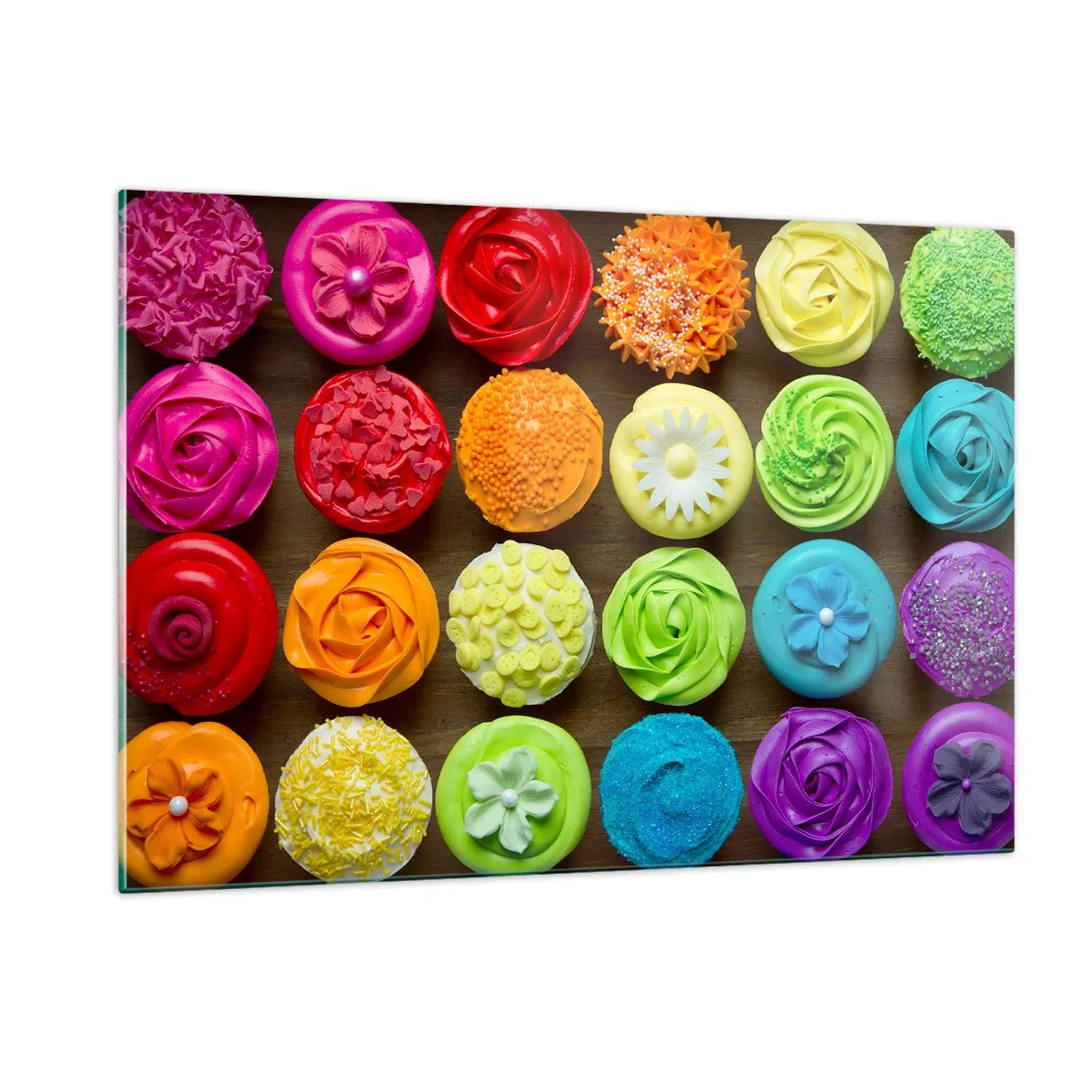 Glasbild - Bild auf glas - Bunte Cupcakes mit Dekorationen auf einem hölzernen Hintergrund - 120x80cm - Alles andere - alles lecker - Moderne Wanddekoration für Wohnzimmer und Schlafzimmer ARTTOR
