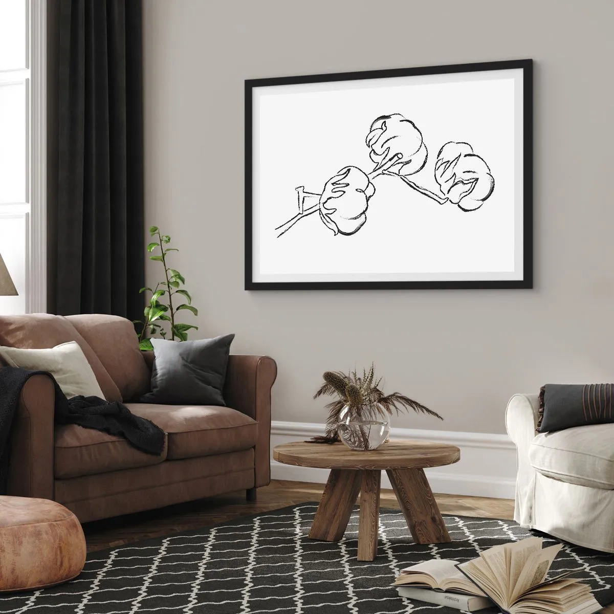 Poster in einem schwarzem Rahmen - Ein zarter Umriss eines Baumwollzweigs auf weißem Hintergrund - 70x50cm - Baumwolldaunen - Moderne Wanddekoration für Wohnzimmer und Schlafzimmer ARTTOR