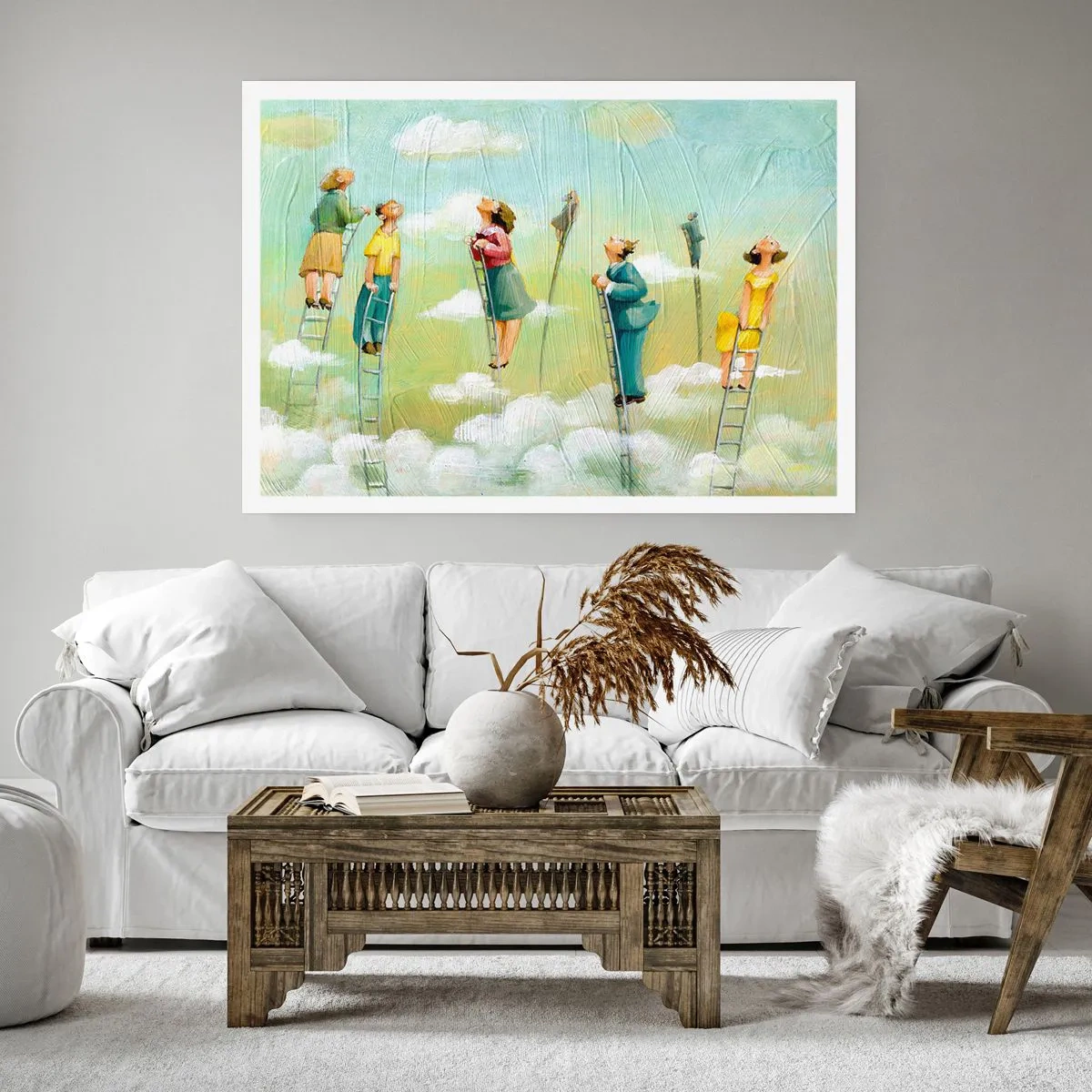 Poster - Figuren, die auf pastellfarbenem Hintergrund zwischen Wolken Leitern hochklettern. - 100x70cm - Hinter deinem Traum - Moderne Wanddekoration für Wohnzimmer und Schlafzimmer ARTTOR