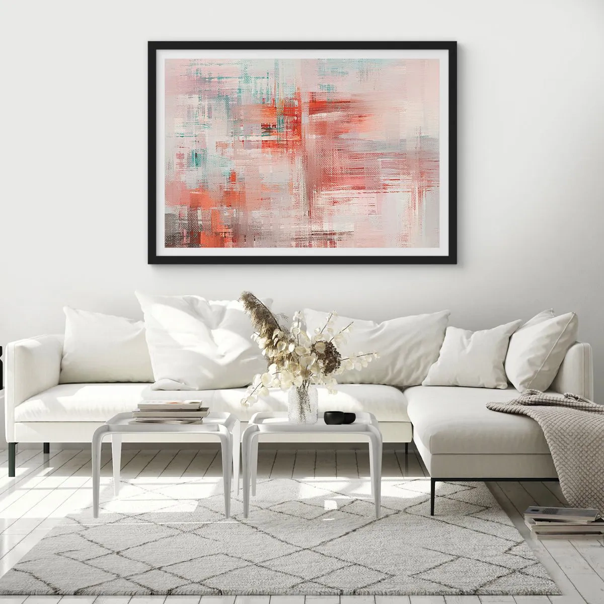 Poster in einem schwarzem Rahmen - Eine abstrakte Komposition mit Rottönen und Pastellfarben. - 100x70cm - Dunstig. Aber rosa - Moderne Wanddekoration für Wohnzimmer und Schlafzimmer ARTTOR