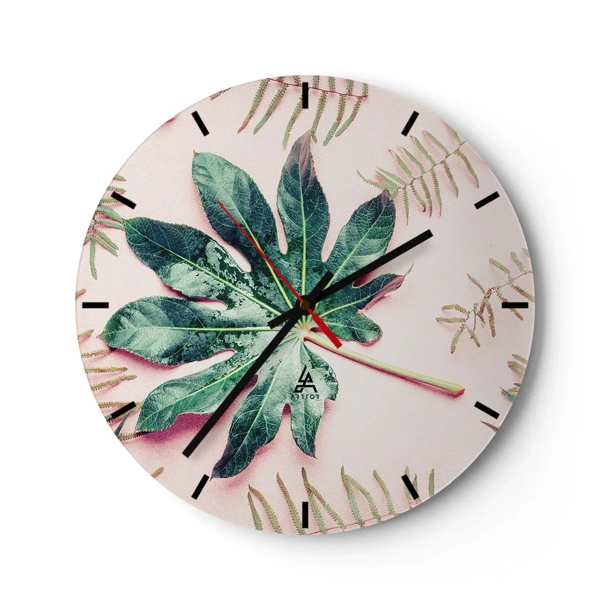 Wanduhr - Glasuhr - Ein großes grünes Blatt auf hellrosa Hintergrund mit floralen Details. - 30x30cm - Eine Studie von Grün auf einem rosa Hintergrund - Moderne Wanddekoration für Wohnzimmer, Küche und Schlafzimmer ARTTOR