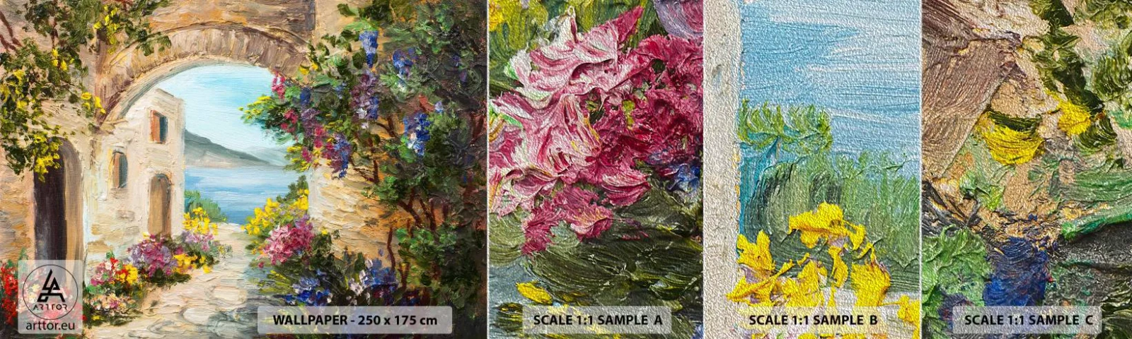 Fototapeten Muster Premium Sand - Charme einer Küstenprovinz - Die Architektur, Griechenland, Blumen - 100x30 cm