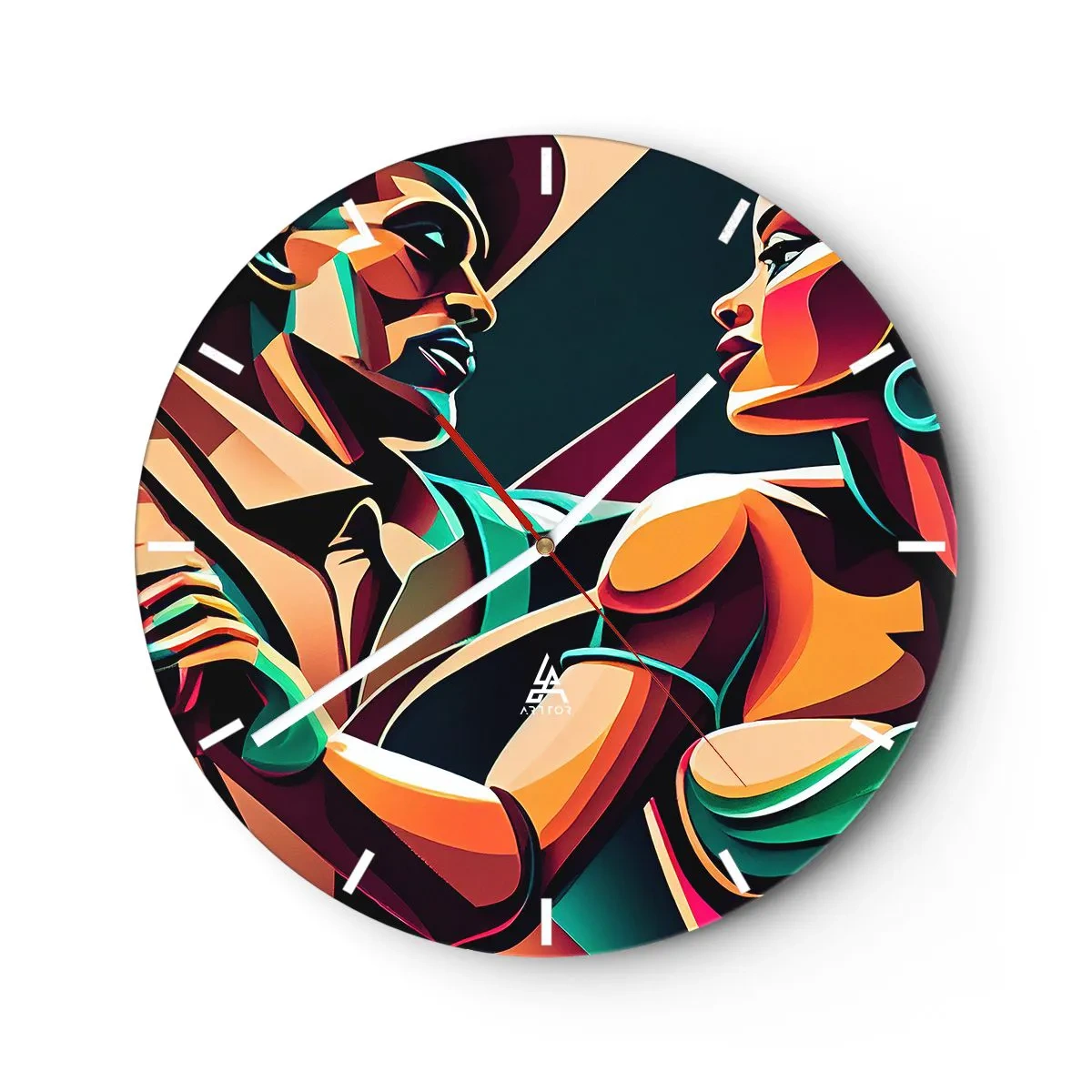 Wanduhr - Glasuhr - Ein stilisiertes Tanzpaar, dargestellt in intensiven Farben. - 30x30cm - Im Rhythmus des Herzens - Moderne Wanddekoration für Wohnzimmer, Küche und Schlafzimmer ARTTOR
