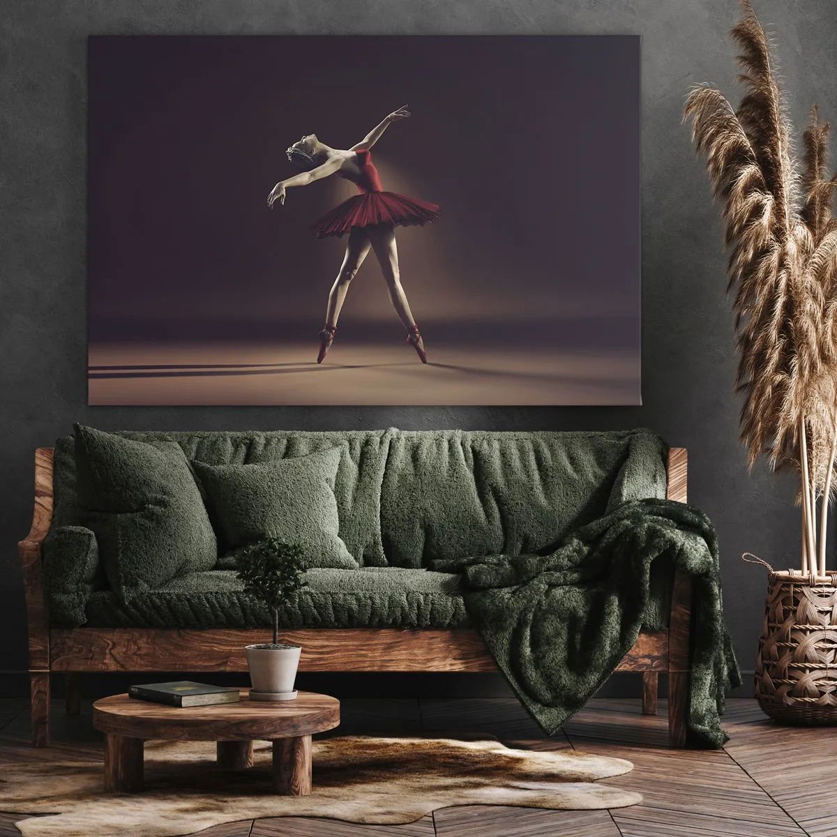 Bild auf Leinwand - Leinwandbild - Eine Balletttänzerin in einem roten Kleid vor dem Hintergrund einer Bühne - 120x80cm - Eine Primaballerina - Moderne Wanddekoration für Wohnzimmer und Schlafzimmer ARTTOR