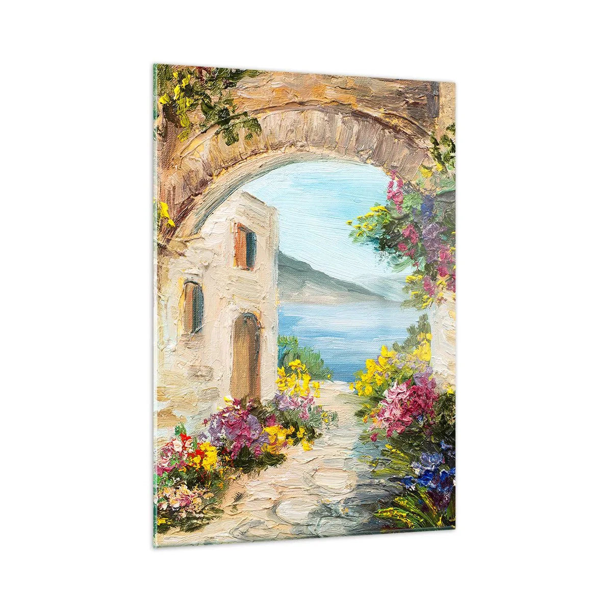 Glasbild - Bild auf glas - Eine malerische Straße mit Blick auf den See - 50x70cm - Charme einer Küstenprovinz - Moderne Wanddekoration für Wohnzimmer und Schlafzimmer ARTTOR