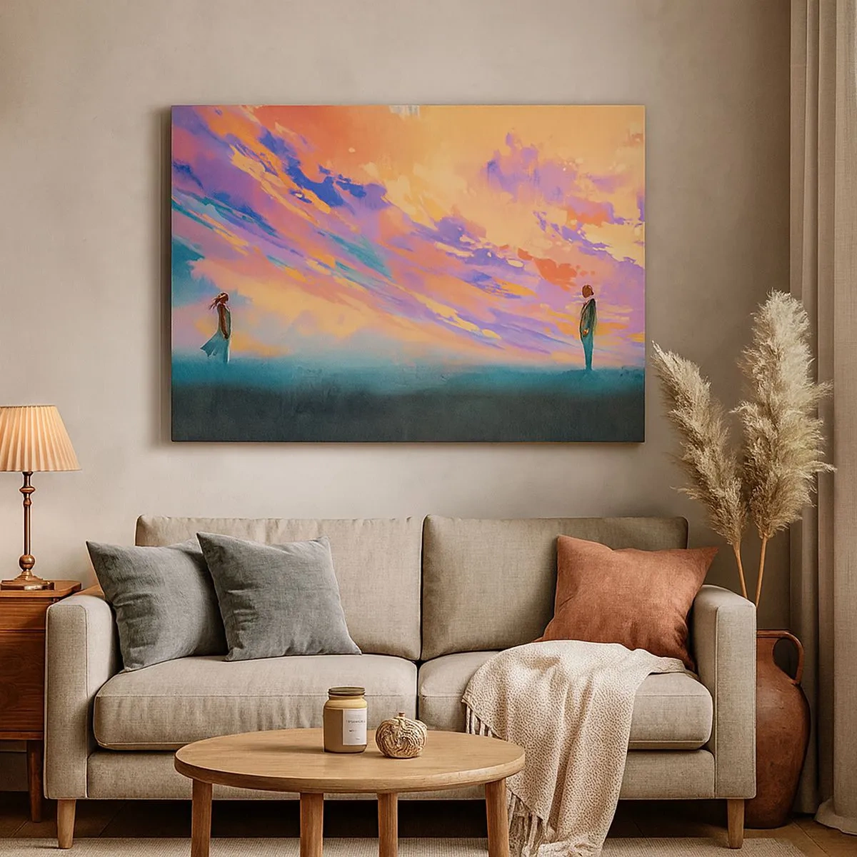 Bild auf Leinwand - Leinwandbild - Eine dynamische Szene mit Figuren vor einem farbenfrohen Sonnenuntergangshimmel - 70x50cm - Die Anziehungskraft - Moderne Wanddekoration für Wohnzimmer und Schlafzimmer ARTTOR