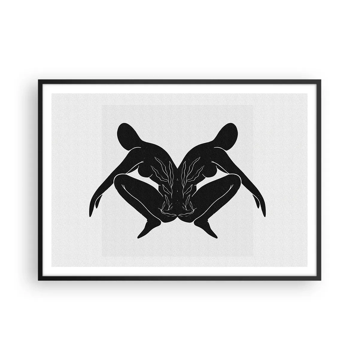 Poster in einem schwarzem Rahmen - Schwarze Silhouetten in symmetrischer Position auf weißem Hintergrund - 100x70cm - Gemeinsame Seele - Moderne Wanddekoration für Wohnzimmer und Schlafzimmer ARTTOR