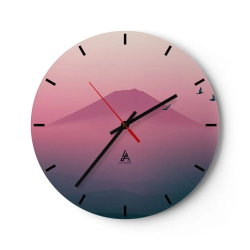 Wanduhr - Glasuhr - Ein Berg in der Abenddämmerung mit rosa und violetten Farbtönen - 30x30cm - Wanderer über den Wolken - Moderne Wanddekoration für Wohnzimmer, Küche und Schlafzimmer ARTTOR