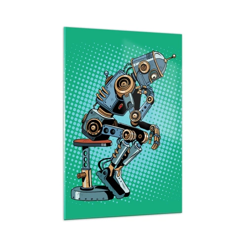 Glasbild - Bild auf glas - Denkerroboter im Pop-Art-Stil auf grünem Hintergrund - 70x100cm - Über der Essenz des Seins - Moderne Wanddekoration für Wohnzimmer und Schlafzimmer ARTTOR