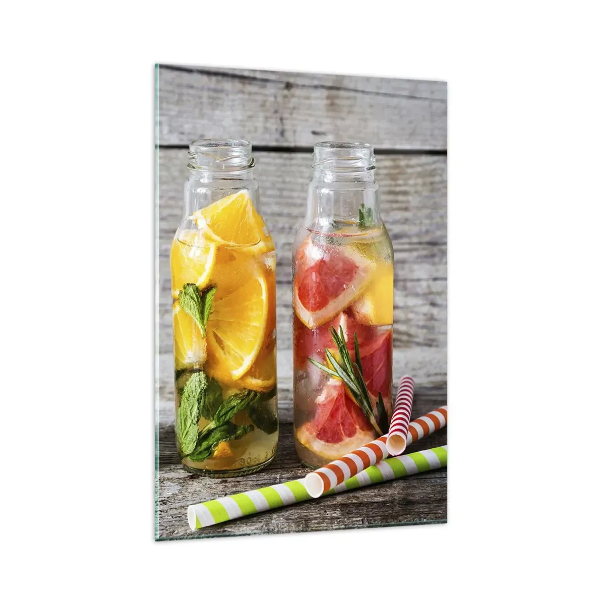 Glasbild - Bild auf glas - Flaschen mit Fruchtwasser und Kräutern auf einem hölzernen Hintergrund - 80x120cm - Von Natur aus gesund - Moderne Wanddekoration für Wohnzimmer und Schlafzimmer ARTTOR